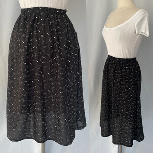 Vintage Midi Skirt Size Medium Black White Ditsy Floral A Line Pull On Retro 80s